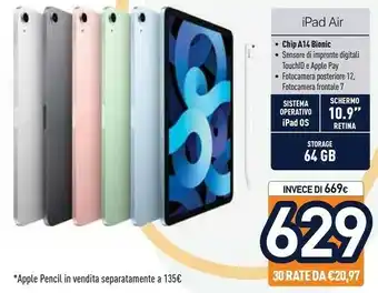 Unieuro Apple IPad Air 10.9" (quarta Gen.) Wi-Fi + Cellular 64GB - Argento offerta