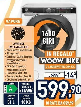 Unieuro Hoover HWP 610AMBC/1-S Lavatrice Libera Installazione Caricamento Frontale Bianco 10 Kg 1600 Giri/min A+++ offerta