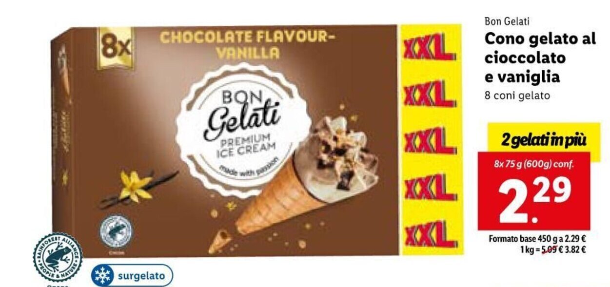 Bon Gelati Cono gelato al cioccolato e vaniglia 8x 75 g offerta di Lidl
