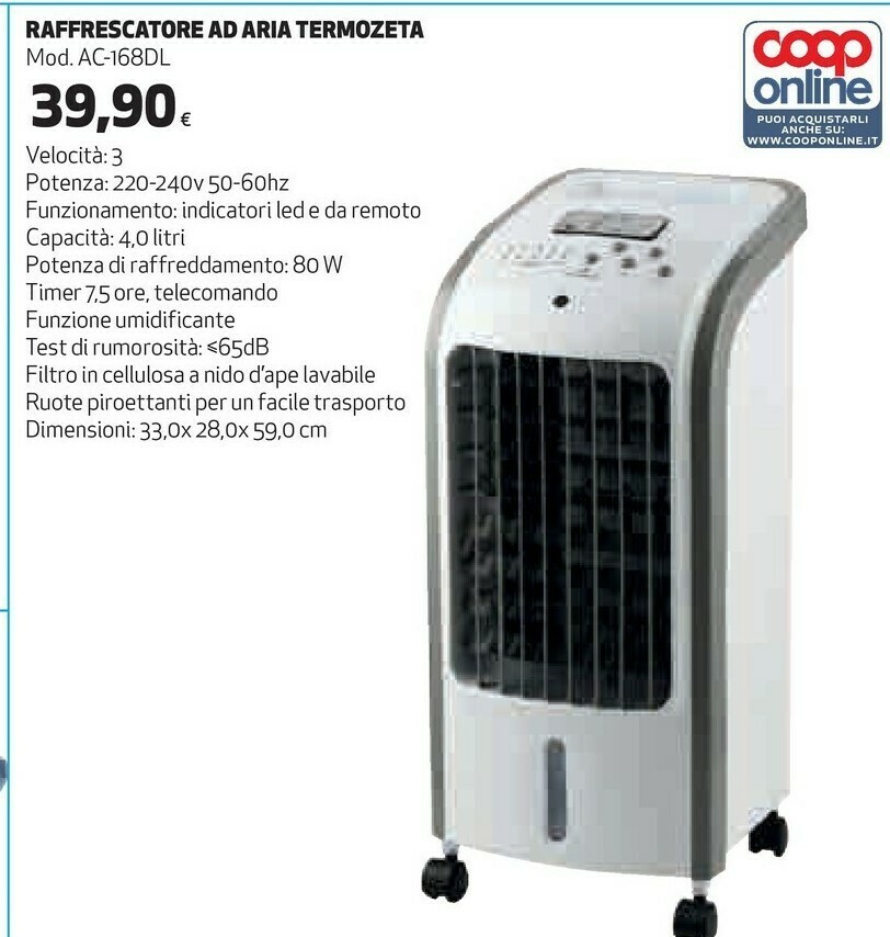 Raffrescatore D'Aria Ad Acqua Diloc 5 Litri - Condizionatore Mobile Senza Tubo, Doppia Oscillazione, Pannello Touch, Serbatoio 5L, 65W