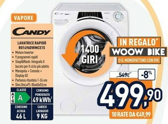 Unieuro Candy RO 1496DWMCE/1-S Lavatrice Libera Installazione Caricamento Frontale 9 Kg 1400 Giri/min A+++ Bianco offerta