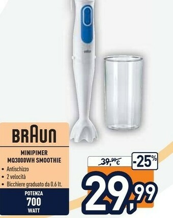 Unieuro Braun MQ 3000 WH Smoothie+ Frullatore 0,6 L Frullatore Ad Immersione Blu, Bianco 700 W offerta