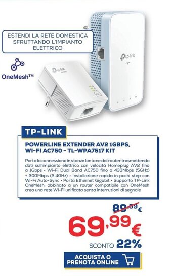Euronics TP-Link Powerline Extender AV2 1GBPS, Wi-fi AC750 - TL-WPA7517 Kit offerta
