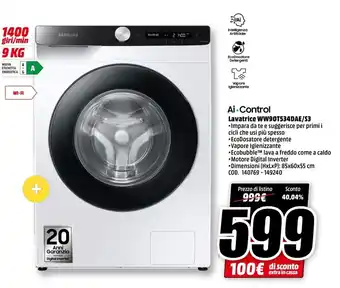 MediaWorld Samsung Ai Control Lavatrice WW90T534DAE/S3 offerta
