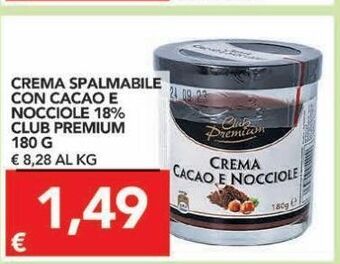 Crema spalmabile con cacao e nocciole 18% club premium 180 g