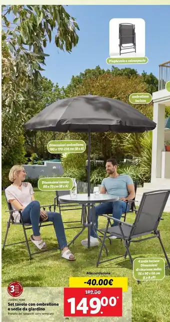 Lidl Set tavolo con ombrellone e sedie da giardino offerta