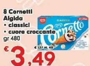 Eurospar 8 cornetti algida classici, cuore croccante gr 480 offerta