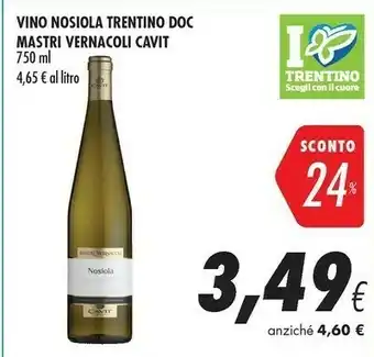Coop Cavit Vino Nosiola Trentino Doc Mastri Vernacoli 750 Ml offerta