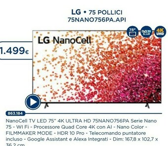 Esselunga LG 75NANO756PA TV 190,5 Cm (75") 4K Ultra HD Smart TV Wi-Fi Nero offerta