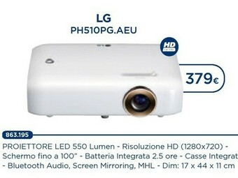 Esselunga LG PH510PG Videoproiettore Proiettore Desktop 550 ANSI Lumen DLP 720p (1280x720) Bianco offerta