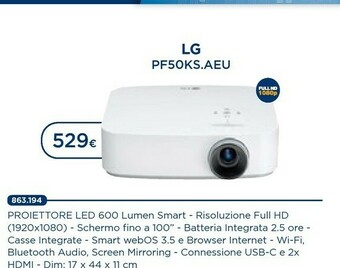 Esselunga LG PF50KS Videoproiettore 600 ANSI Lumen DLP 1080p (1920x1080) Proiettore Desktop Bianco offerta