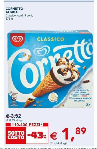 Esselunga Algida Cornetto Classico Con Latte Fresco Italiano Di Alta Qualità 75 G 375 G(ml) offerta