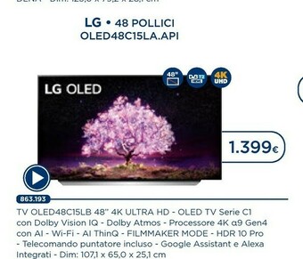 Esselunga LG OLED48C15LA 121,9 Cm (48") 4K Ultra HD Smart TV Wi-Fi Bianco offerta