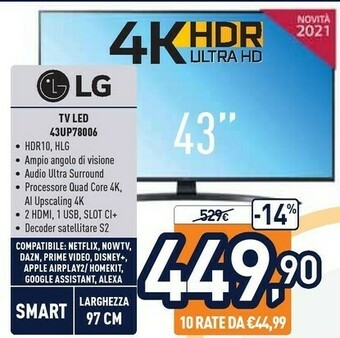 Unieuro LG 43UP78006LB 109,2 Cm (43") 4K Ultra HD Smart TV Wi-Fi Grigio offerta