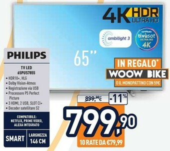 Unieuro Philips 65PUS7855/12 TV 165,1 Cm (65") 4K Ultra HD Smart TV Wi-Fi Argento offerta