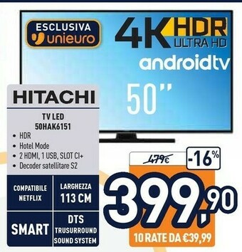 Hitachi 50HAK6151 TV 127 Cm (50") 4K Ultra HD Smart TV Wi-Fi Nero
