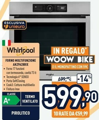 Unieuro Whirlpool AKZ9 6280 IX Forno Forno Elettrico 73 L A+ Acciaio Inossidabile offerta