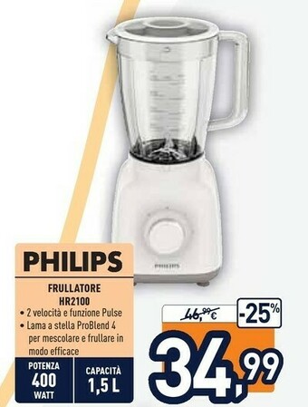 Unieuro Philips Daily Collection HR2100/00R1 Frullatore 1,5 L Frullatore Da Tavolo 400 W Beige, Bianco offerta