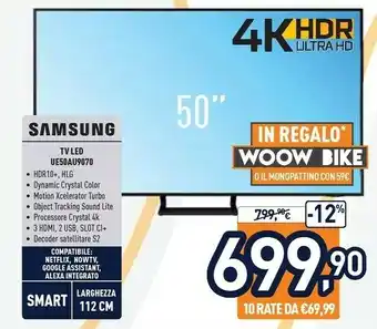 Unieuro Samsung Series 9 TV Crystal UHD 4K 50” UE50AU9070 Smart TV Wi-Fi Black 2021 offerta