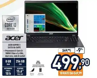 Unieuro Acer Aspire 3 A315-56-36FP Computer Portatile Nero 39,6 Cm (15.6") 1920 X 1080 Pixel Intel® Core™ I3 Di Decima Generazione 8  offerta