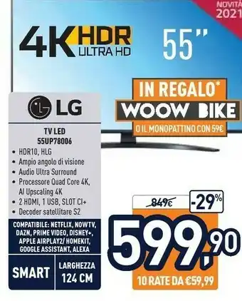 Unieuro LG 55UP78006LB 139,7 Cm (55") 4K Ultra HD Smart TV Wi-Fi Grigio offerta