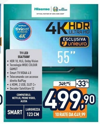 Unieuro Hisense A7500F 55A7500F TV 139,7 Cm (55") 4K Ultra HD Smart TV Wi-Fi Nero offerta