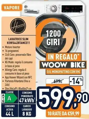 Unieuro Hoover H3WS4428TAMCE-11 Lavatrice Libera Installazione Caricamento Frontale Bianco 8 Kg 1200 Giri/min A+++ offerta