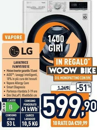 Unieuro LG F4WV510S1E Lavatrice Libera Installazione Caricamento Frontale 10,5 Kg 1400 Giri/min B Bianco offerta