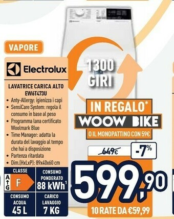Unieuro Electrolux EW6T473U Lavatrice Libera Installazione Caricamento Dall'alto Bianco 7 Kg 1300 Giri/min A+++ offerta