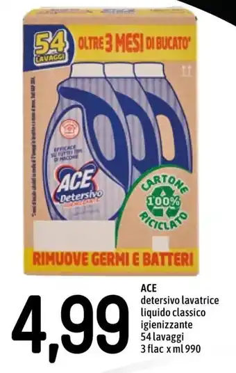 Famila Ace detersivo lavatrice liquido classico igienizzante 54 lavaggi 3 flac x 990 ml offerta