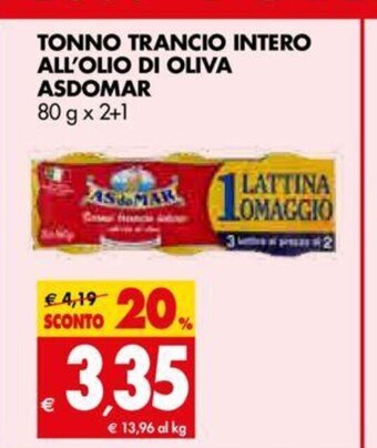 Tigros Tonno Trancio Intero All'Olio Di Oliva Asdomar 80 g x 2+1 offerta