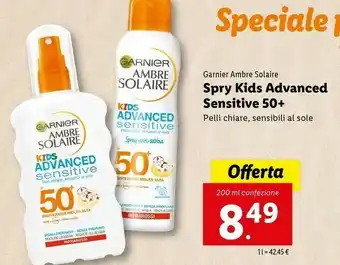 Lidl Garnier Ambre Solaire Kids Sensitive Expert+ Spray Protezione Solare Corpo Resistente All'acqua 200 Ml offerta