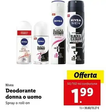 Lidl Nivea Black & White Invisible Clear Donna Deodorante Spray 150 Ml offerta