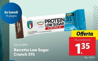 Lidl Equilibra Barretta Low Sugar Crunch 31% offerta