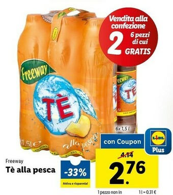 Lidl Freeway Tè Alla Pesca Con Infuso Di Tè 1500 G(ml) offerta