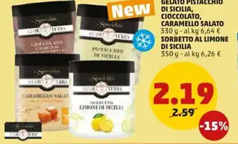PENNY Cuor Di Terra Gelato Pistacchio Di Sicilia, Cioccolato, Caramello Salato 330 g / Sorbetto Al Limone Di Sicilia 350 g offerta