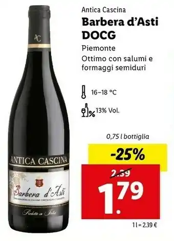 Lidl Barbera Antica Cascina D'Asti DOCG 750 Ml offerta