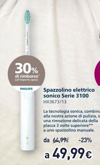 Unieuro Philips Spazzolino elettrico sonico Serie 3100 HX3673/13 offerta