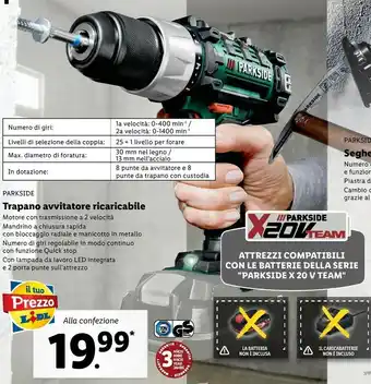 Lidl Parkside Trapano Avvitatore Ricaricabile Motore Tramissione A 2 Velocita offerta
