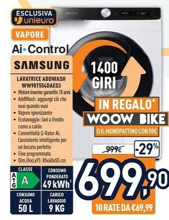 Unieuro Samsung WW90T554DAE Lavatrice Libera Installazione Caricamento Frontale 9 Kg 1400 Giri/min Bianco offerta