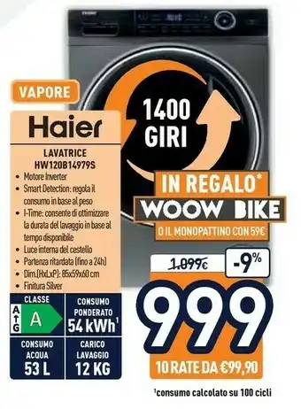 Unieuro Haier HW120-B14979S Lavatrice Libera Installazione Caricamento Frontale Nero, Grigio 12 Kg 1400 Giri/min A+++-40% offerta