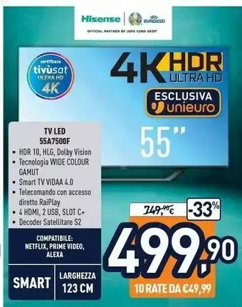 Unieuro Hisense A7500F 55A7500F TV 139,7 Cm (55") 4K Ultra HD Smart TV Wi-Fi Nero offerta