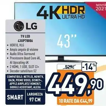 Unieuro LG 43UP78006LB 109,2 Cm (43") 4K Ultra HD Smart TV Wi-Fi Grigio offerta