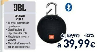 Unieuro Jbl Clip 3 3,3 W Altoparlante Portatile Mono Nero offerta