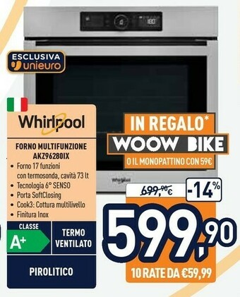 Unieuro Whirlpool AKZ9 6280 IX Forno Forno Elettrico 73 L A+ Acciaio Inossidabile offerta