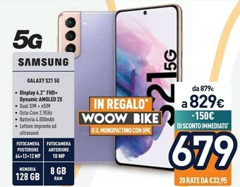 Unieuro Samsung Galaxy S21 5G 128 GB Display 6.2" Dynamic AMOLED 2X Phantom White offerta