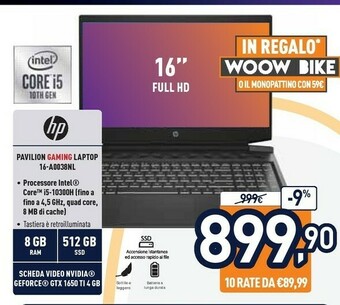 Unieuro HP Pavilion Gaming 16-a0038nl DDR4-SDRAM Computer Portatile 40,9 Cm (16.1") 1920 X 1080 Pixel Intel® Core™ I5 Di Decima Gener offerta