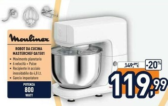 Unieuro Moulinex QA1501 Masterchef Essential Kitchen Machine, Impastatrice, Capacità Di 4,8 L, Movimento Planetario Per Risultati Per offerta