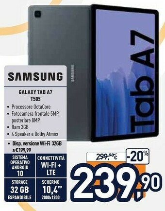 Unieuro Samsung Galaxy Tab A7 32 GB 26,4 Cm (10.4") 3 GB Wi-Fi 5 (802.11ac) Grigio offerta