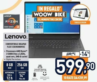 Unieuro Lenovo IdeaPad Flex 5 Ibrido (2 In 1) 35,6 Cm (14") 1920 X 1080 Pixel Touch Screen AMD Ryzen 3 8 GB DDR4-SDRAM 256 GB SSD Wi- offerta